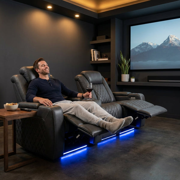 Home Theater Recliners Designed for Cinema Comfort, Motorized Recline, USB Charging, LED Underglow