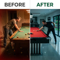 Pool Table Engineered for Professional Play, 8-Foot Slate Surface, Tournament Red Cloth, Floating Design — Before & After