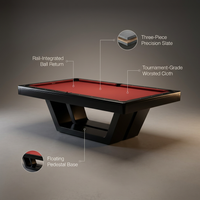 Pool Table Engineered for Professional Play, 8-Foot Slate Surface, Tournament Red Cloth, Floating Design — infographic