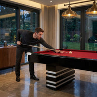 Pool Table Engineered for Professional Play, 8-Foot Slate Surface, Tournament Red Cloth, Floating Design — Lifestyle